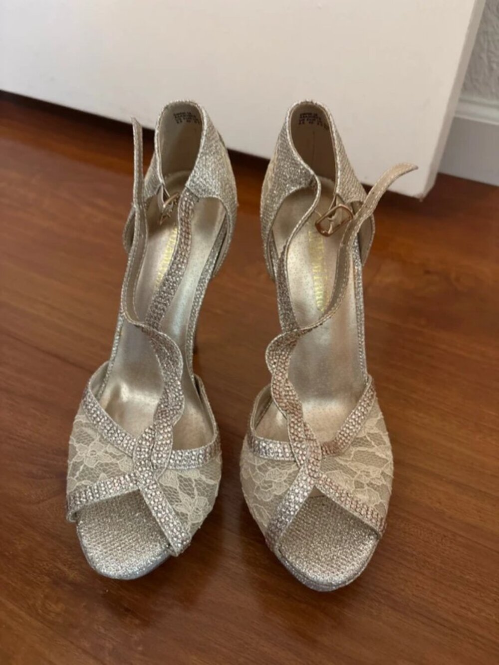 Rose Gold Jewel and Beige Lace Heels